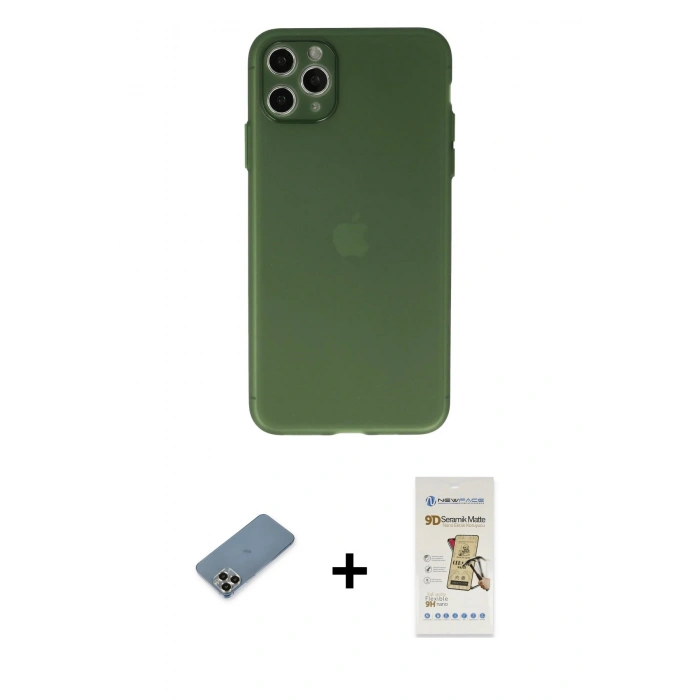 MARSİLYAN™- iPhone 11 Pro Max Kılıf Atlas Minimal Prime - Siyah Mat Seramik Nano Ekran Koruyucu + Metal Kamera Lens Koruma Cam - GD