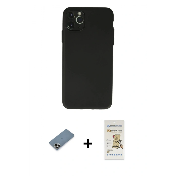 MARSİLYAN™- iPhone 11 Pro Max Kılıf Atlas Minimal Prime - Siyah Mat Seramik Nano Ekran Koruyucu + Metal Kamera Lens Koruma Cam - GD