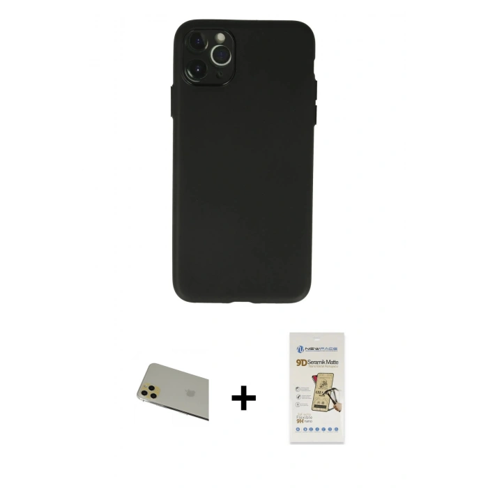 MARSİLYAN™- iPhone 11 Pro Max Kılıf Atlas Minimal Prime - Siyah Mat Seramik Nano Ekran Koruyucu + Rainbow Kamera Lens Koruma Cam - GD