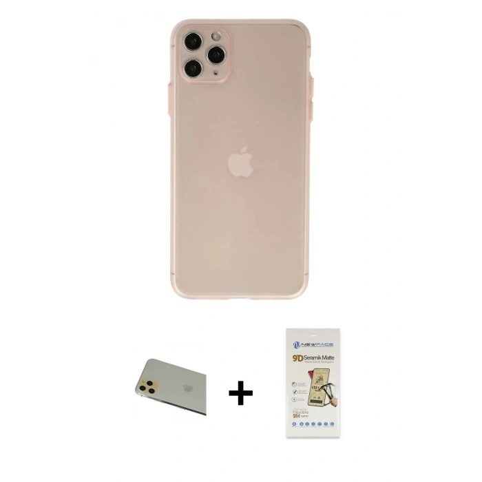 MARSİLYAN™- iPhone 11 Pro Max Kılıf Atlas Minimal Prime - Siyah Mat Seramik Nano Ekran Koruyucu + Rainbow Kamera Lens Koruma Cam - GD
