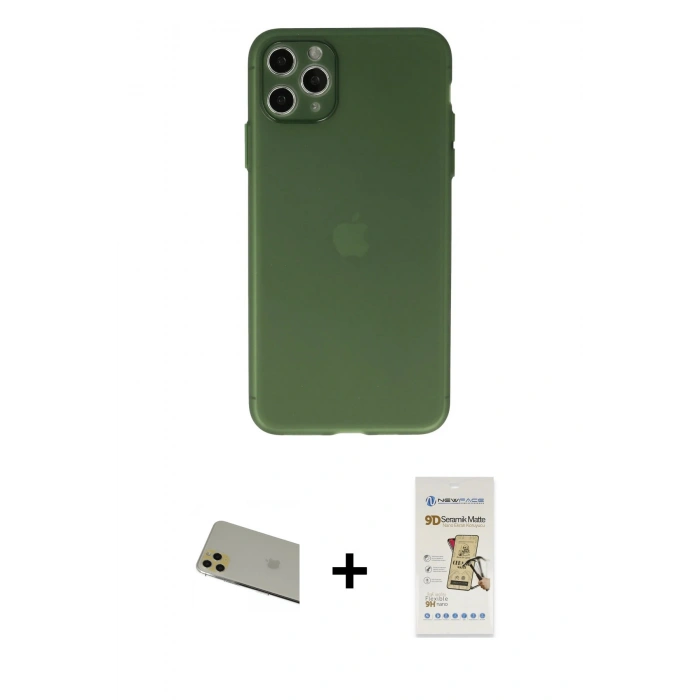 MARSİLYAN™- iPhone 11 Pro Max Kılıf Atlas Minimal Prime - Siyah Mat Seramik Nano Ekran Koruyucu + Rainbow Kamera Lens Koruma Cam - GD