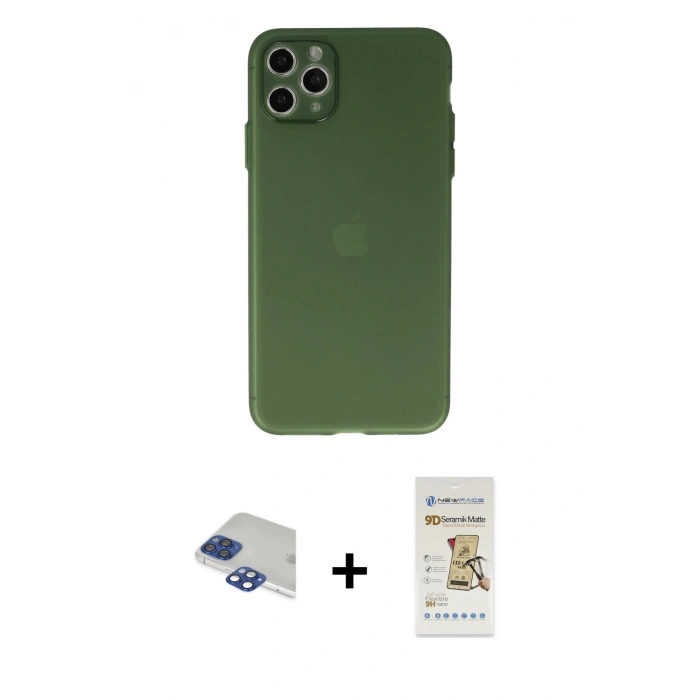 MARSİLYAN™- iPhone 11 Pro Max Kılıf Atlas Minimal Prime - Siyah Mat Seramik Nano Ekran Koruyucu + Pers Alüminyum Kamera Lens - LT