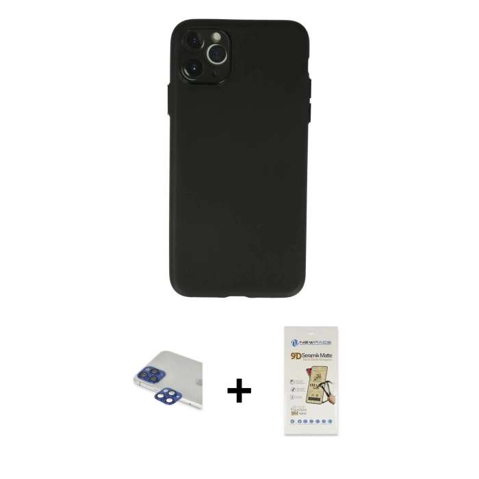MARSİLYAN™- iPhone 11 Pro Max Kılıf Atlas Minimal Prime - Siyah Mat Seramik Nano Ekran Koruyucu + Pers Alüminyum Kamera Lens - LT