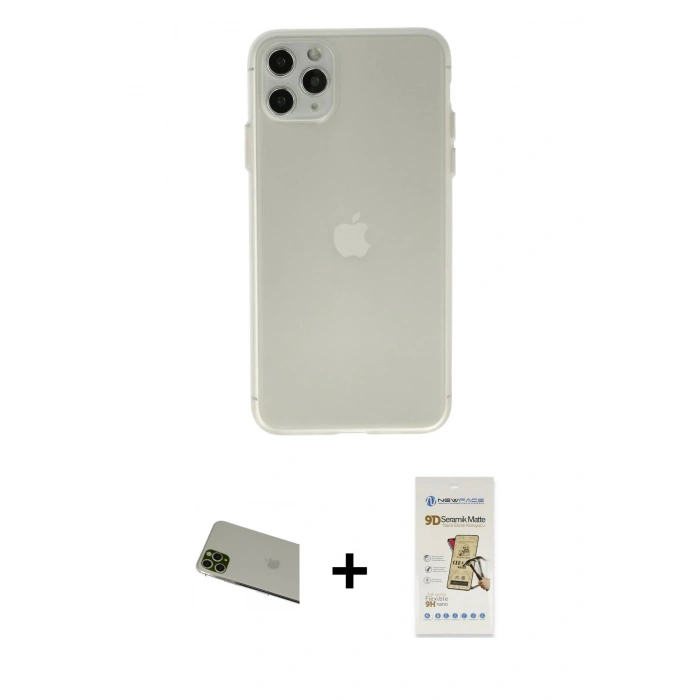 MARSİLYAN™- iPhone 11 Pro Max Kılıf Atlas Minimal Prime - Siyah Mat Seramik Nano Ekran Koruyucu + Rainbow Kamera Lens Koruma Cam - YL