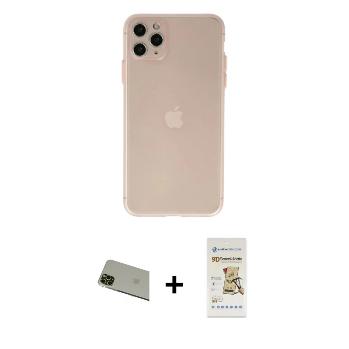MARSİLYAN™- iPhone 11 Pro Max Kılıf Atlas Minimal Prime - Siyah Mat Seramik Nano Ekran Koruyucu + Rainbow Kamera Lens Koruma Cam - YL