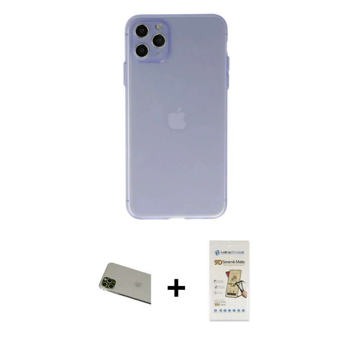 MARSİLYAN™- iPhone 11 Pro Max Kılıf Atlas Minimal Prime - Siyah Mat Seramik Nano Ekran Koruyucu + Rainbow Kamera Lens Koruma Cam - YL