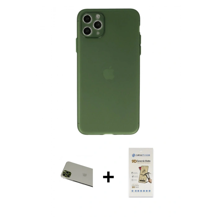 MARSİLYAN™- iPhone 11 Pro Max Kılıf Atlas Minimal Prime - Siyah Mat Seramik Nano Ekran Koruyucu + Rainbow Kamera Lens Koruma Cam - YL
