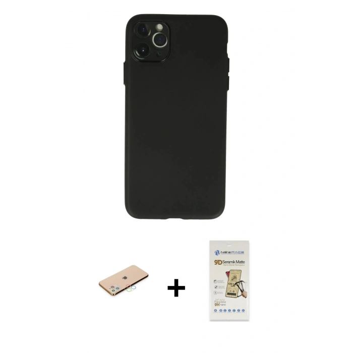 MARSİLYAN™- iPhone 11 Pro Max Kılıf Atlas Minimal Prime - Siyah Mat Seramik Nano Ekran Koruyucu + Renkli Kamera Lens Koruma Cam - MI