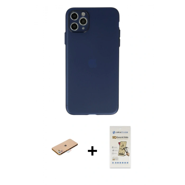 MARSİLYAN™- iPhone 11 Pro Max Kılıf Atlas Minimal Prime - Siyah Mat Seramik Nano Ekran Koruyucu + Renkli Kamera Lens Koruma Cam - PE