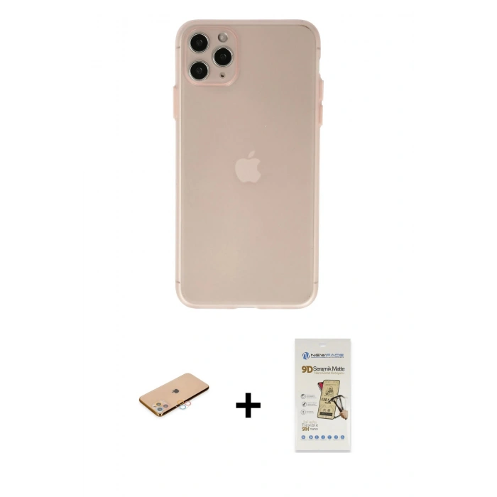 MARSİLYAN™- iPhone 11 Pro Max Kılıf Atlas Minimal Prime - Siyah Mat Seramik Nano Ekran Koruyucu + Renkli Kamera Lens Koruma Cam - PE