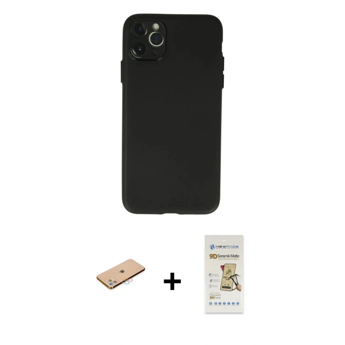 MARSİLYAN™- iPhone 11 Pro Max Kılıf Atlas Minimal Prime - Siyah Mat Seramik Nano Ekran Koruyucu + Renkli Kamera Lens Koruma Cam - PE