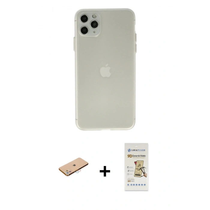 MARSİLYAN™- iPhone 11 Pro Max Kılıf Atlas Minimal Prime - Siyah Mat Seramik Nano Ekran Koruyucu + Renkli Kamera Lens Koruma Cam - PE