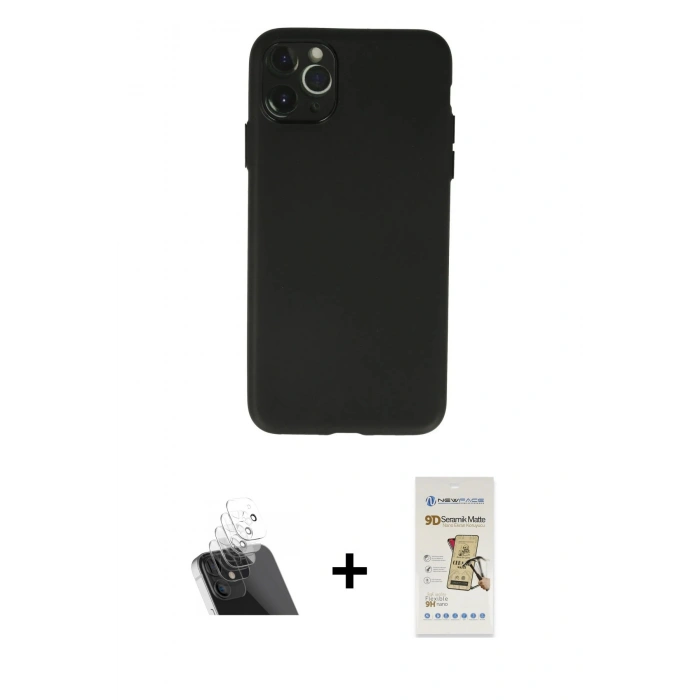 MARSİLYAN™- iPhone 11 Pro Max Kılıf Atlas Minimal Prime - Siyah Mat Seramik Nano Ekran Koruyucu + Şeffaf Kamera Lens Koruma Cam