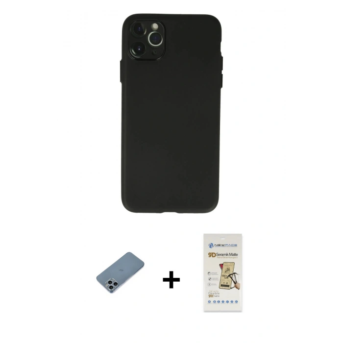 MARSİLYAN™- iPhone 11 Pro Max Kılıf Atlas Minimal Prime - Siyah Mat Seramik Nano Ekran Koruyucu + Sierra Blue Shine Kamera Lens Koruma Cam