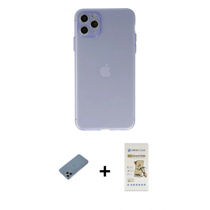 MARSİLYAN™- iPhone 11 Pro Max Kılıf Atlas Minimal Prime - Siyah Mat Seramik Nano Ekran Koruyucu + Sierra Blue Shine Kamera Lens Koruma Cam