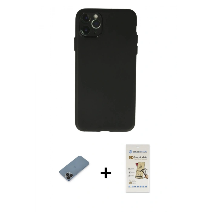 MARSİLYAN™- iPhone 11 Pro Max Kılıf Atlas Minimal Prime - Siyah Mat Seramik Nano Ekran Koruyucu + Metal Kamera Lens Koruma Cam - SH