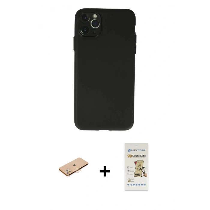 MARSİLYAN™- iPhone 11 Pro Max Kılıf Atlas Minimal Prime - Siyah Mat Seramik Nano Ekran Koruyucu + Renkli Kamera Lens Koruma Cam - TU