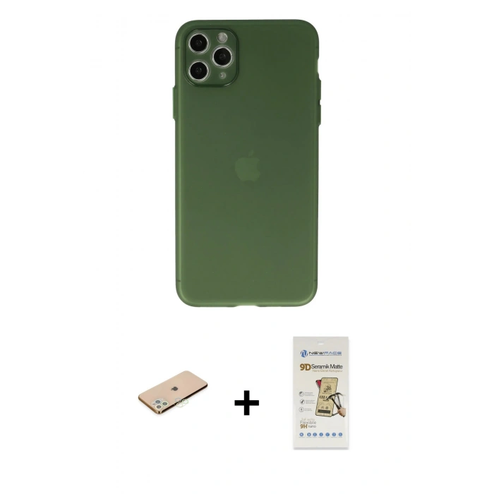 MARSİLYAN™- iPhone 11 Pro Max Kılıf Atlas Minimal Prime - Siyah Mat Seramik Nano Ekran Koruyucu + Yeşil Renkli Kamera Lens Koruma Cam