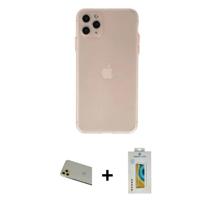 MARSİLYAN™- iPhone 11 Pro Max Kılıf Atlas Minimal Prime - Siyah Polymer Nano Ekran Koruyucu + Gold Rainbow Kamera Lens Koruma Cam