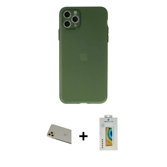 MARSİLYAN™- iPhone 11 Pro Max Kılıf Atlas Minimal Prime - Siyah Polymer Nano Ekran Koruyucu + Gold Rainbow Kamera Lens Koruma Cam