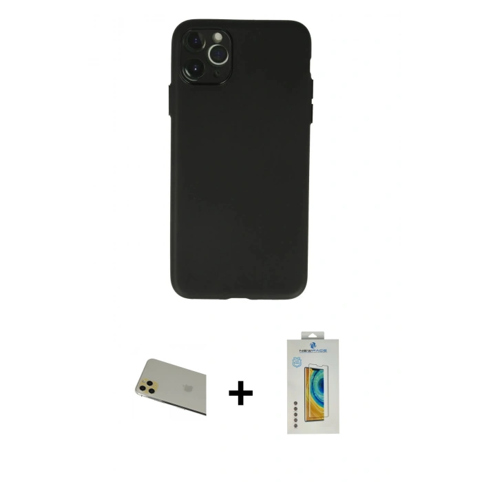 MARSİLYAN™- iPhone 11 Pro Max Kılıf Atlas Minimal Prime - Siyah Polymer Nano Ekran Koruyucu + Gold Rainbow Kamera Lens Koruma Cam