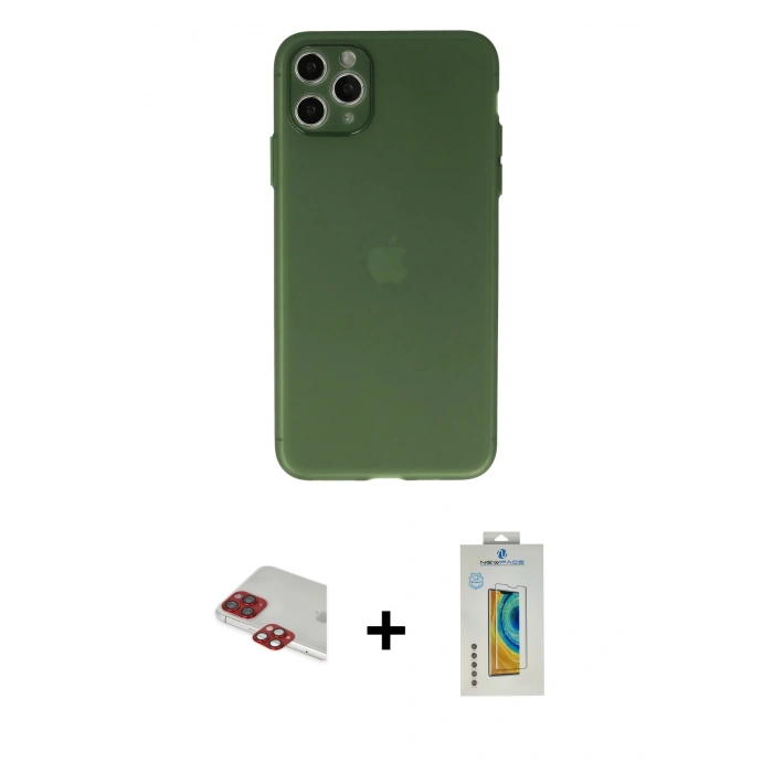 MARSİLYAN™- iPhone 11 Pro Max Kılıf Atlas Minimal Prime - Siyah Polymer Nano Ekran Koruyucu + Kırmızı Pers Alüminyum Kamera Lens