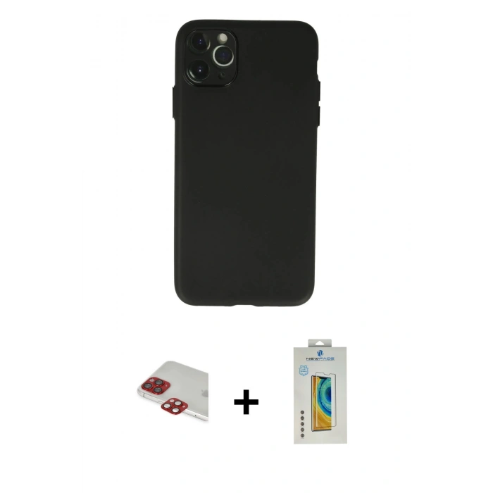 MARSİLYAN™- iPhone 11 Pro Max Kılıf Atlas Minimal Prime - Siyah Polymer Nano Ekran Koruyucu + Kırmızı Pers Alüminyum Kamera Lens