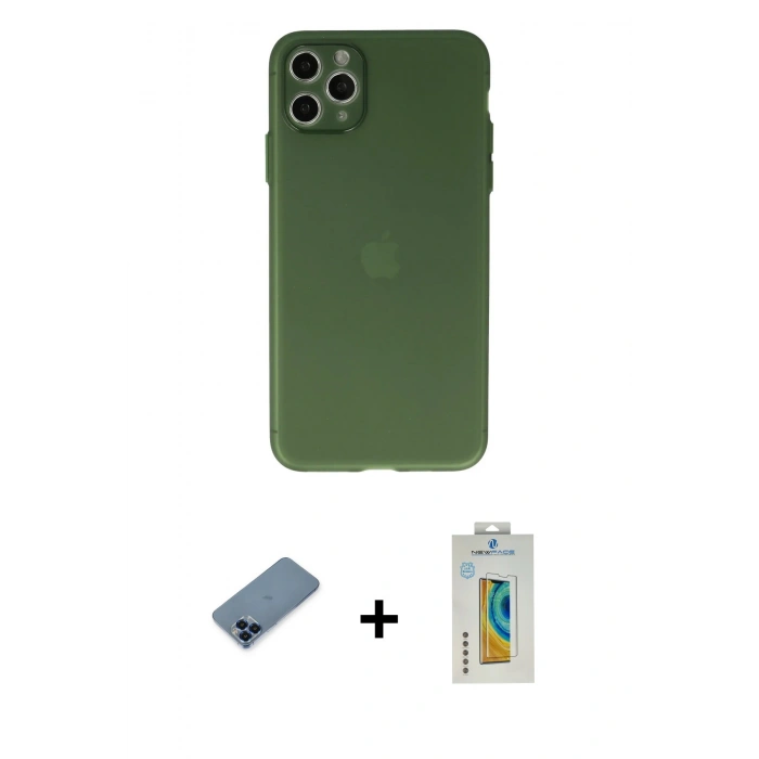 MARSİLYAN™- iPhone 11 Pro Max Kılıf Atlas Minimal Prime - Siyah Polymer Nano Ekran Koruyucu + Metal Kamera Lens Koruma Cam - MI