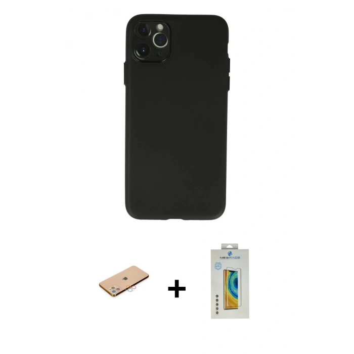 MARSİLYAN™- iPhone 11 Pro Max Kılıf Atlas Minimal Prime - Siyah Polymer Nano Ekran Koruyucu + Pembe Renkli Kamera Lens Koruma Cam