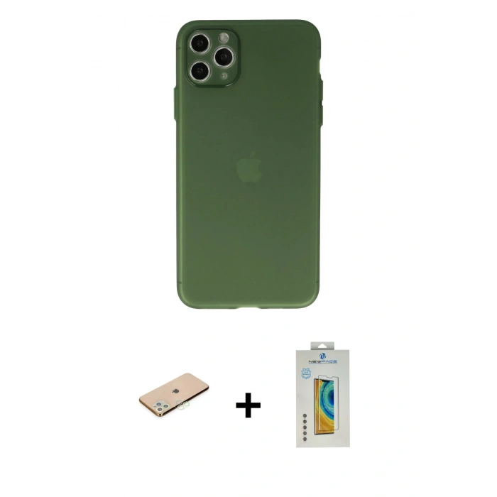 MARSİLYAN™- iPhone 11 Pro Max Kılıf Atlas Minimal Prime - Siyah Polymer Nano Ekran Koruyucu + Renkli Kamera Lens Koruma Cam - YL