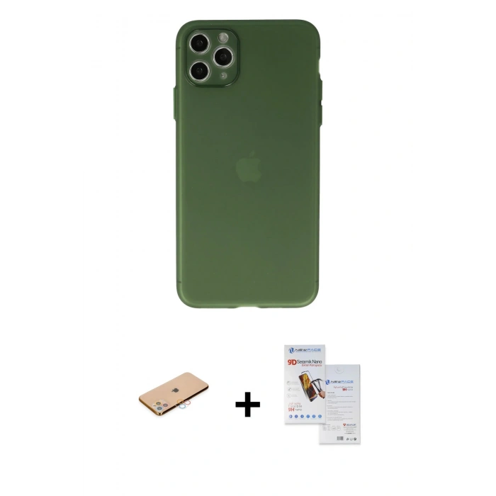 MARSİLYAN™- iPhone 11 Pro Max Kılıf Atlas Minimal Prime - Siyah Seramik Nano Ekran Koruyucu + Renkli Kamera Lens Koruma Cam - PE