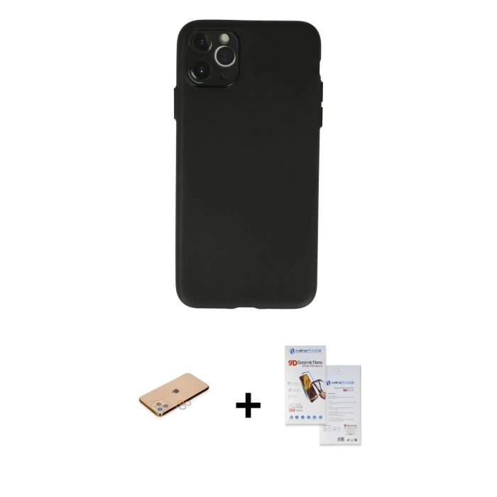 MARSİLYAN™- iPhone 11 Pro Max Kılıf Atlas Minimal Prime - Siyah Seramik Nano Ekran Koruyucu + Renkli Kamera Lens Koruma Cam - PE