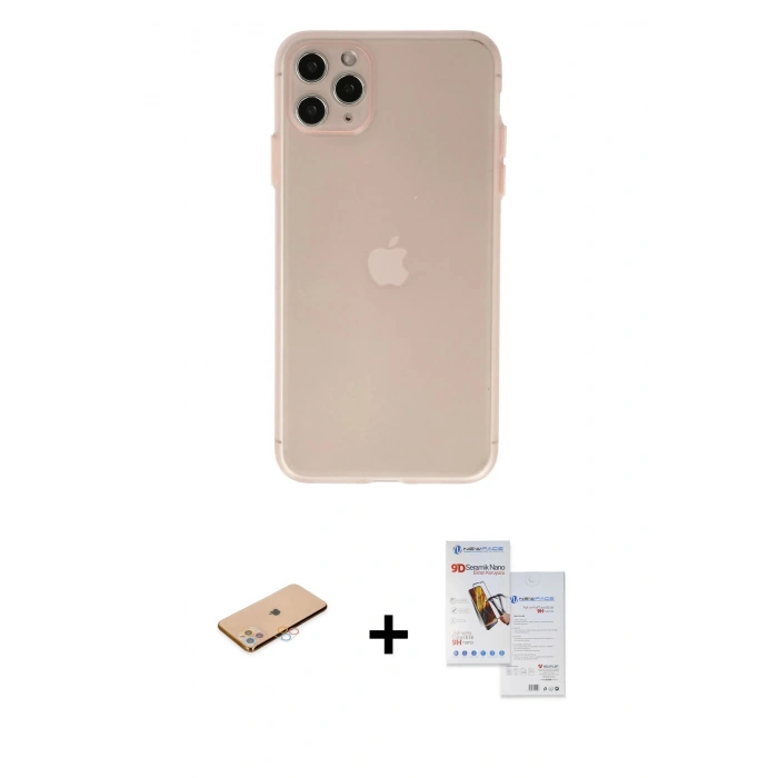 MARSİLYAN™- iPhone 11 Pro Max Kılıf Atlas Minimal Prime - Siyah Seramik Nano Ekran Koruyucu + Renkli Kamera Lens Koruma Cam - PE