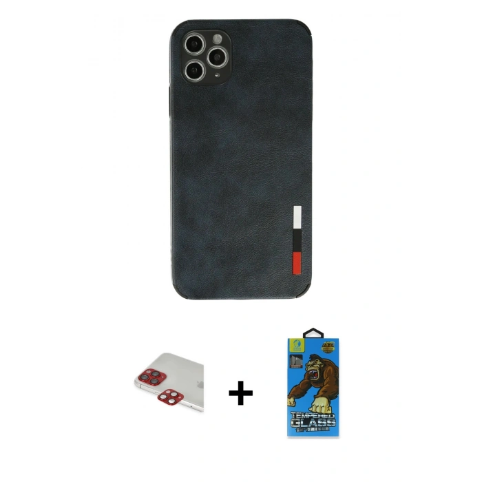MARSİLYAN™- iPhone 11 Pro Max Kılıf Doruk Asil Koleksiyonu - Siyah 18D Cam Ekran Koruyucu + Pers Alüminyum Kamera Lens - KI