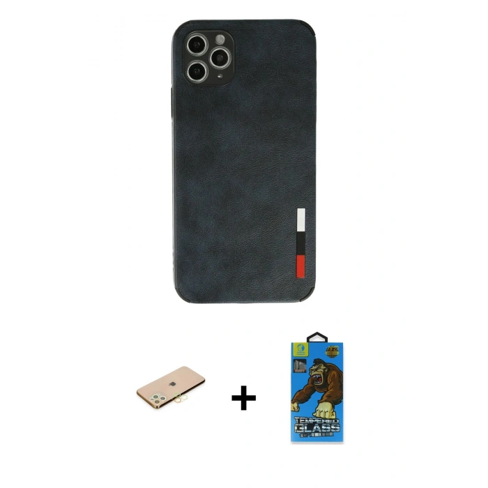MARSİLYAN™- iPhone 11 Pro Max Kılıf Doruk Asil Koleksiyonu - Siyah 18D Cam Ekran Koruyucu + Renkli Kamera Lens Koruma Cam - SI