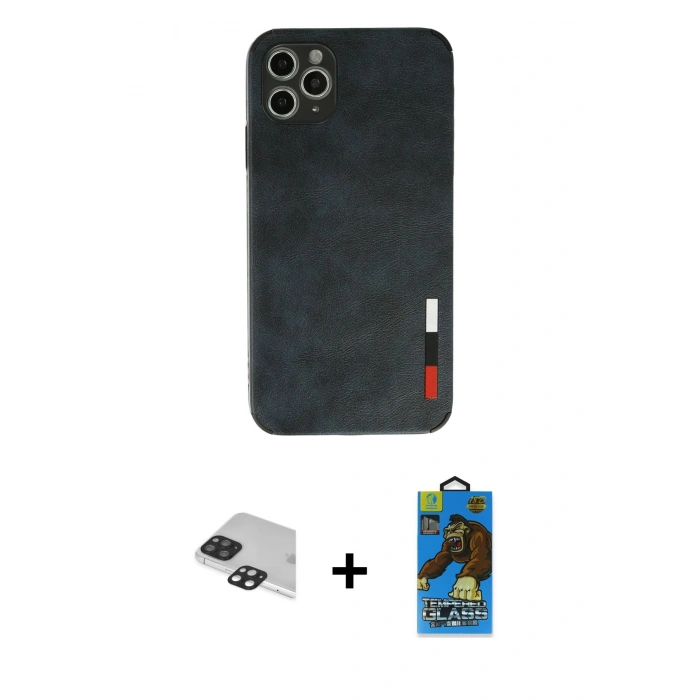 MARSİLYAN™- iPhone 11 Pro Max Kılıf Doruk Asil Koleksiyonu - Siyah 18D Cam Ekran Koruyucu + Pers Alüminyum Kamera Lens - SH