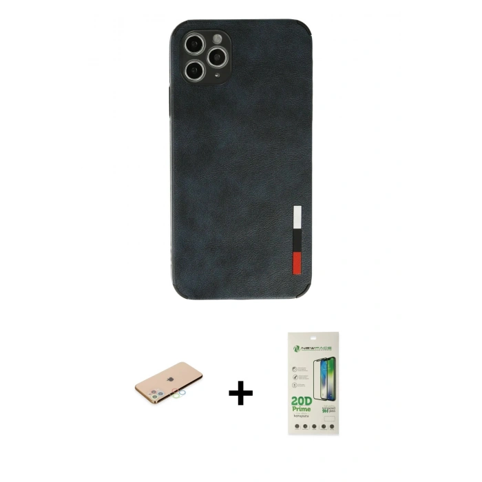 MARSİLYAN™- iPhone 11 Pro Max Kılıf Doruk Asil Koleksiyonu - Siyah 20D Premium Cam Ekran Koruyucu + Renkli Kamera Lens Koruma Cam - MI