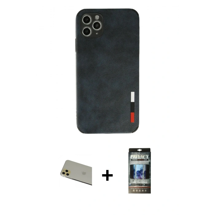 MARSİLYAN™- iPhone 11 Pro Max Kılıf Doruk Asil Koleksiyonu - Siyah 34D Hayalet Izgaralı Cam + Rainbow Kamera Lens Koruma Cam - GD