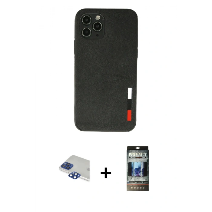 MARSİLYAN™- iPhone 11 Pro Max Kılıf Doruk Asil Koleksiyonu - Siyah 34D Hayalet Izgaralı Cam + Pers Alüminyum Kamera Lens - LT