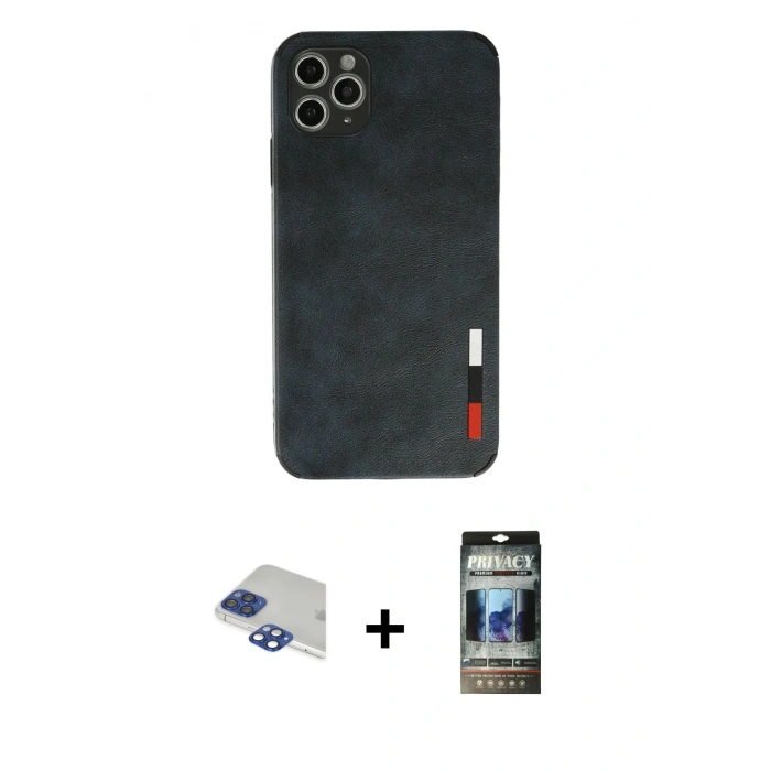 MARSİLYAN™- iPhone 11 Pro Max Kılıf Doruk Asil Koleksiyonu - Siyah 34D Hayalet Izgaralı Cam + Pers Alüminyum Kamera Lens - LT