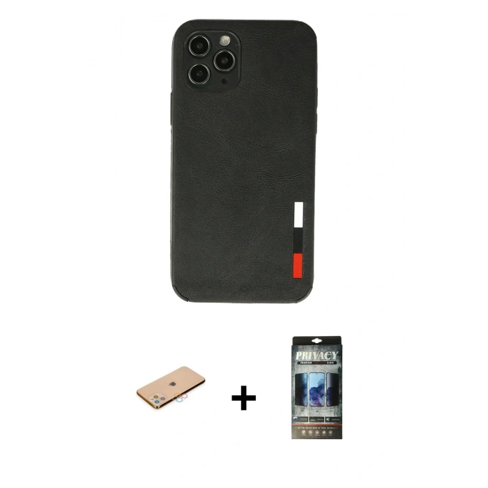 MARSİLYAN™- iPhone 11 Pro Max Kılıf Doruk Asil Koleksiyonu - Siyah 34D Hayalet Izgaralı Cam + Renkli Kamera Lens Koruma Cam - PE