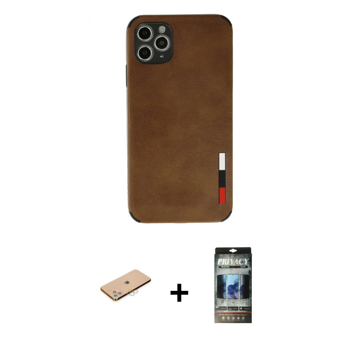 MARSİLYAN™- iPhone 11 Pro Max Kılıf Doruk Asil Koleksiyonu - Siyah 34D Hayalet Izgaralı Cam + Renkli Kamera Lens Koruma Cam - PE