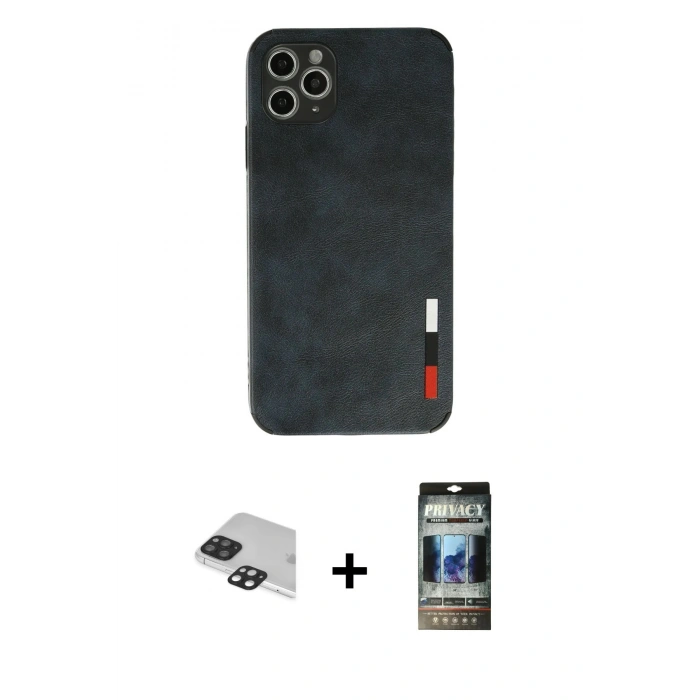 MARSİLYAN™- iPhone 11 Pro Max Kılıf Doruk Asil Koleksiyonu - Siyah 34D Hayalet Izgaralı Cam + Pers Alüminyum Kamera Lens - SH