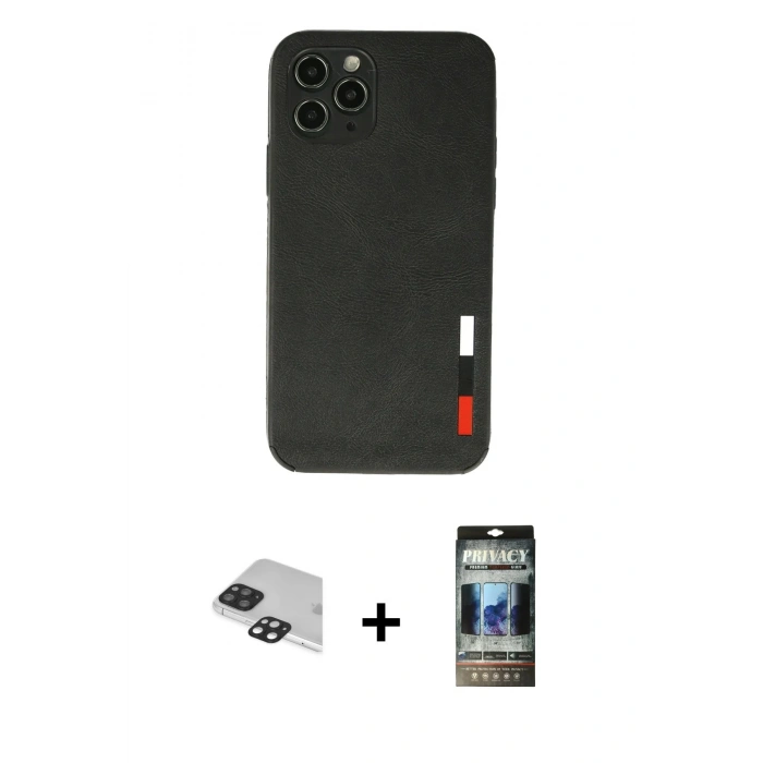 MARSİLYAN™- iPhone 11 Pro Max Kılıf Doruk Asil Koleksiyonu - Siyah 34D Hayalet Izgaralı Cam + Pers Alüminyum Kamera Lens - SH