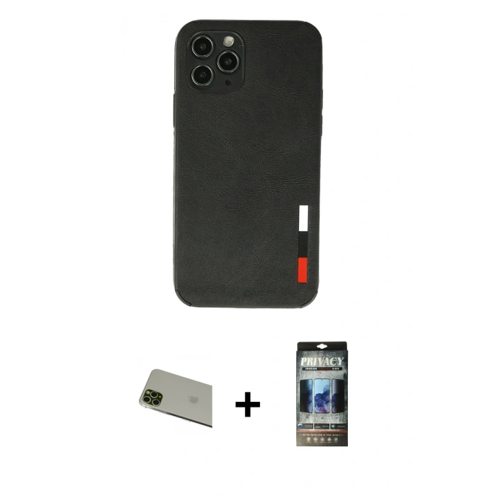 MARSİLYAN™- iPhone 11 Pro Max Kılıf Doruk Asil Koleksiyonu - Siyah 34D Hayalet Izgaralı Cam + Rainbow Kamera Lens Koruma Cam - YL