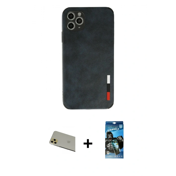 MARSİLYAN™- iPhone 11 Pro Max Kılıf Doruk Asil Koleksiyonu - Siyah 34D Izgaralı Cam + Rainbow Kamera Lens Koruma Cam - GD