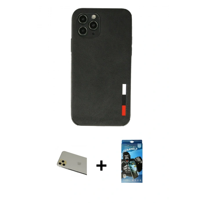 MARSİLYAN™- iPhone 11 Pro Max Kılıf Doruk Asil Koleksiyonu - Siyah 34D Izgaralı Cam + Rainbow Kamera Lens Koruma Cam - GD