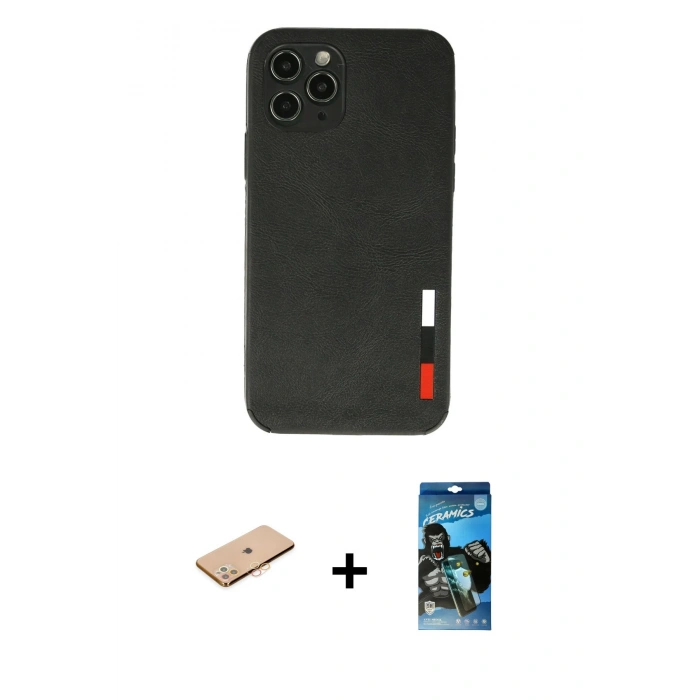 MARSİLYAN™- iPhone 11 Pro Max Kılıf Doruk Asil Koleksiyonu - Siyah 34D Izgaralı Cam + Renkli Kamera Lens Koruma Cam - TU