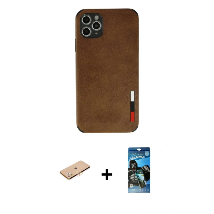 MARSİLYAN™- iPhone 11 Pro Max Kılıf Doruk Asil Koleksiyonu - Siyah 34D Izgaralı Cam + Renkli Kamera Lens Koruma Cam - TU