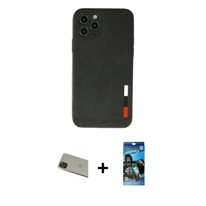 MARSİLYAN™- iPhone 11 Pro Max Kılıf Doruk Asil Koleksiyonu - Siyah 34D Izgaralı Cam + Rainbow Kamera Lens Koruma Cam - YL